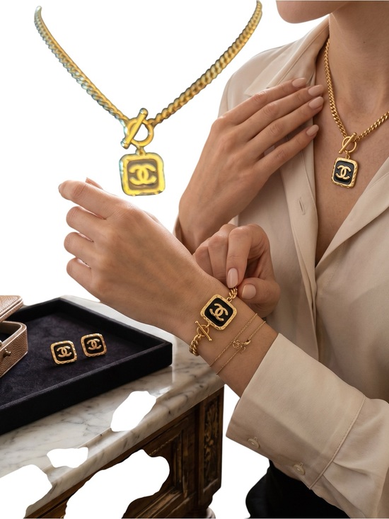 Fashion Jewelry Jewelry - Fashion Jewelry Gold/Black CC Pendant Necklace , earrings & Bracelet Set